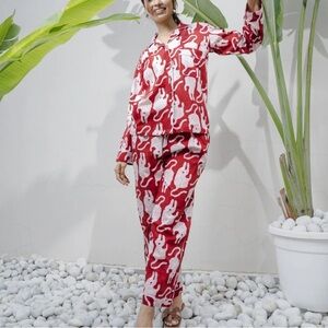 Organic Cotton Red Tiger Print 2 Piece Pajama Set. Top and Bottom